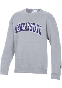 Youth K-State Wildcats Grey Champion ARCH WORDMARK Long Sleeve Crew Sweatshirt