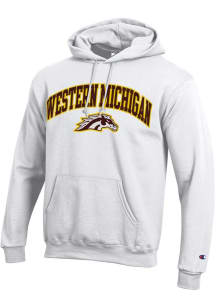 Mens Western Michigan Broncos White Champion Arch Mascot Powerblend Hooded Sweatshirt