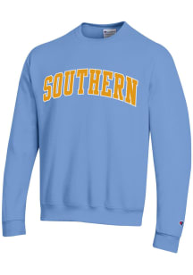 Champion Southern University Jaguars Mens Light Blue Twill Arch Name Long Sleeve Crew Sweatshirt
