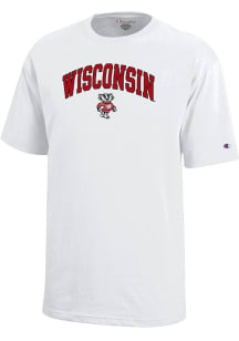 Youth Wisconsin Badgers White Champion Arch Mascot Short Sleeve T-Shirt