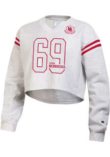 Womens Nebraska Cornhuskers Grey Champion Reverse Weave Jersey Crew Sweatshirt