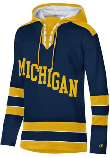 Mens Michigan Wolverines Blue Champion Super Fan Hockey Hooded Sweatshirt