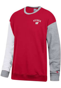 Champion Wisconsin Badgers Mens Red Superfan Colorblock Long Sleeve Crew Sweatshirt