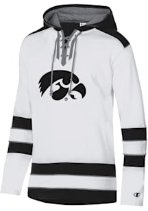 Mens Iowa Hawkeyes White Champion Superfan Hockey Hooded Sweatshirt