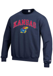 Champion Kansas Jayhawks Mens Navy Blue Arch Mascot Long Sleeve Crew Sweatshirt