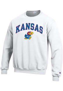Champion Kansas Jayhawks Mens White Arch Mascot Long Sleeve Crew Sweatshirt