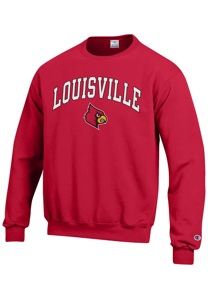 Champion Louisville Cardinals Red Arch Mascot Long Sleeve Crew Sweatshirt, Red, 50% COTTON/ 50% POLYESTER, Size M, Rally House