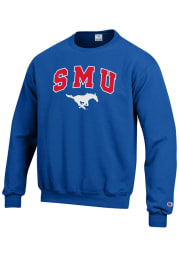 Champion SMU Mustangs Mens Blue Arch Mascot Long Sleeve Crew Sweatshirt