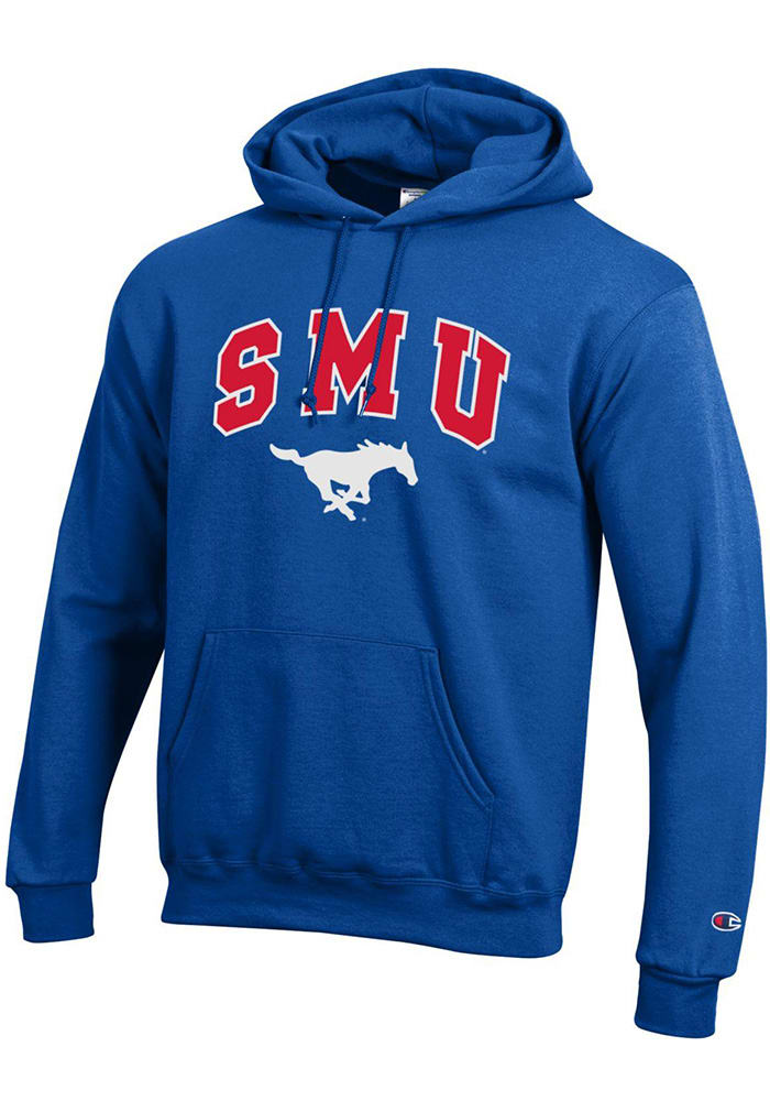 Champion SMU Mustangs Mens Blue Arch Mascot Long Sleeve Hoodie