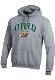 Champion Ohio Bobcats Mens Grey Powerblend Arch Mascot Long Sleeve Hoodie