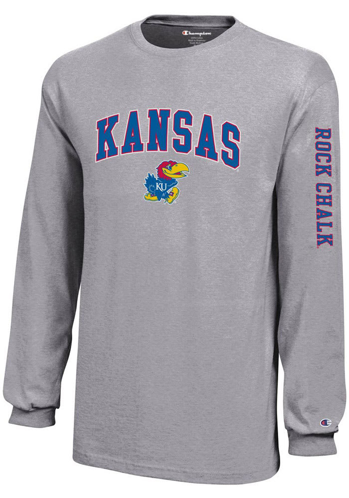Champion Kansas Jayhawks Youth Grey Arch Mascot Sleeve Hit Long Sleeve T-Shirt