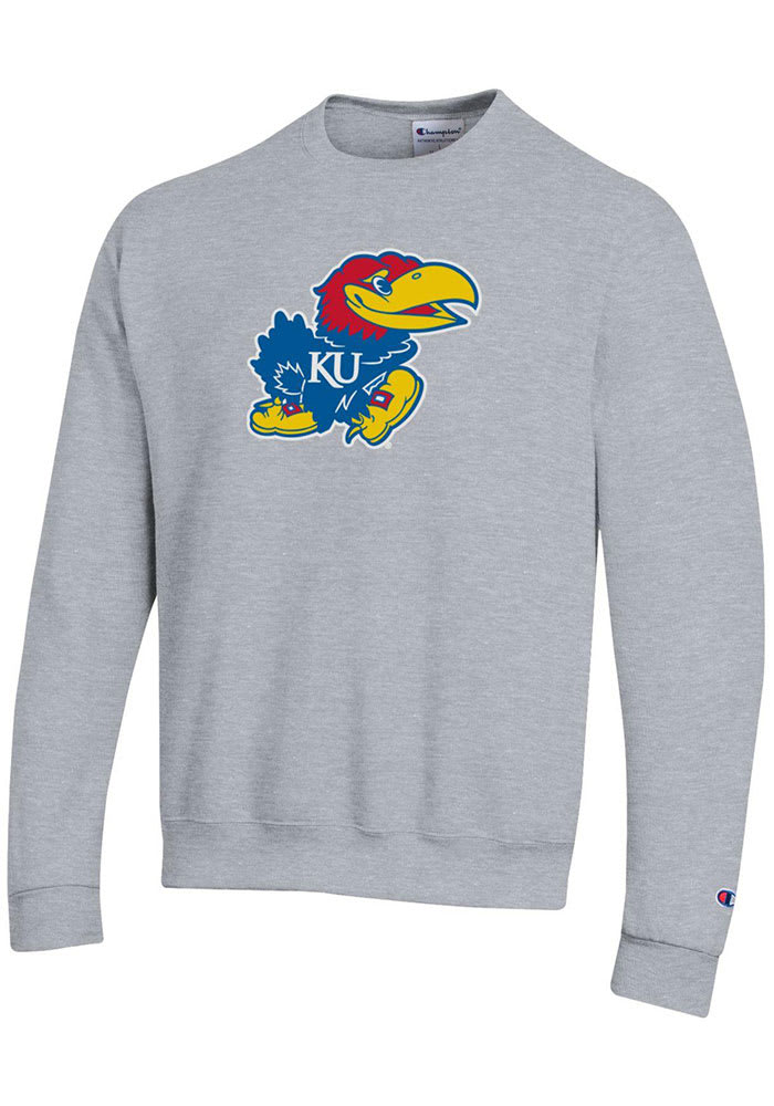 Champion Kansas Jayhawks Mens Grey Big Logo Twill Long Sleeve Crew Sweatshirt