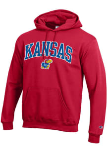 Champion Kansas Jayhawks Mens Red Arch Mascot Twill Long Sleeve Hoodie