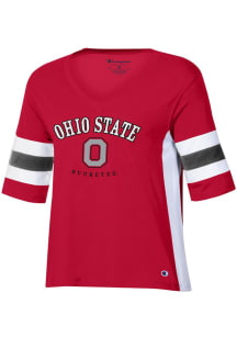 Champion Ohio State Buckeyes Womens Red Varsity Sleeve Stripe Short Sleeve T-Shirt