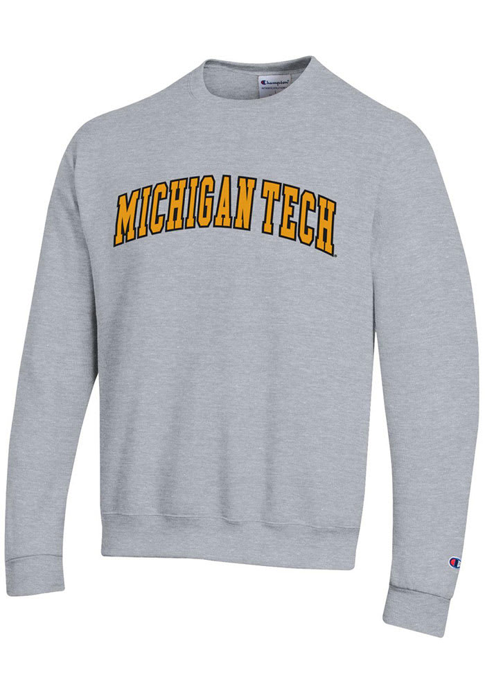 Champion Michigan Tech Huskies Mens Grey Arch Twill Powerblend Long Sleeve Crew Sweatshirt