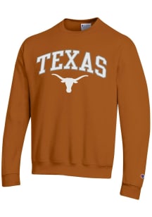 Champion Texas Longhorns Mens Burnt Orange Powerblend Arch Mascot Twill Long Sleeve Crew Sweatsh..