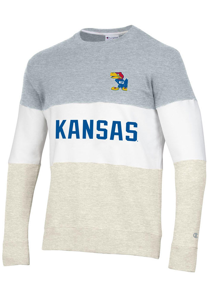 Champion Kansas Jayhawks Mens Grey Blocked Long Sleeve Crew Sweatshirt