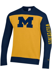 Champion Michigan Wolverines Mens Navy Blue Yoke Colorblocked Long Sleeve Crew Sweatshirt