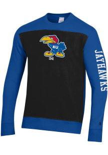 Champion Kansas Jayhawks Mens Black Yoke Colorblocked Long Sleeve Crew Sweatshirt