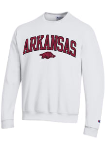 Champion Arkansas Razorbacks Mens White Twill Arch Mascot Long Sleeve Crew Sweatshirt