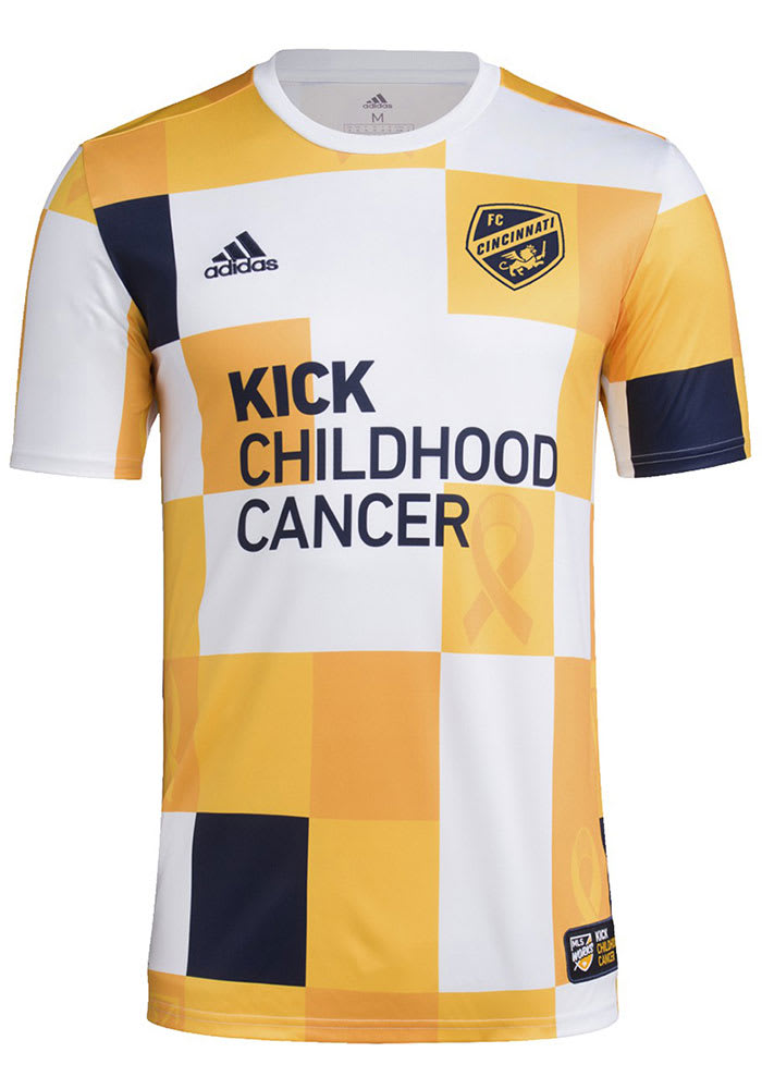 Adidas FC Cincinnati Mens Gold Prematch Kick Childhood Cancer Soccer Jersey