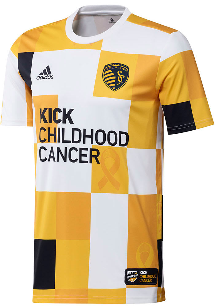 Adidas Sporting Kansas City Mens Gold Prematch Kick Childhood Cancer Soccer Jersey