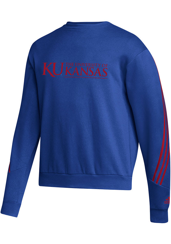 Adidas Kansas Jayhawks Mens Blue Three Stripe Long Sleeve Crew Sweatshirt