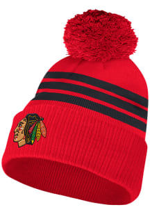 Adidas Chicago Blackhawks Red 3 Stripe Cuffed Pom Mens Knit Hat