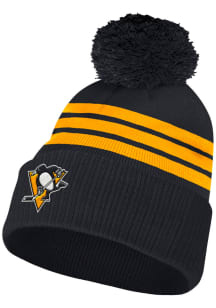 Adidas Pittsburgh Penguins Black 3 Stripe Cuffed Pom Mens Knit Hat