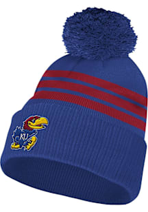 Adidas Kansas Jayhawks Blue Three Stripe Cuffed Pom Knit Mens Knit Hat