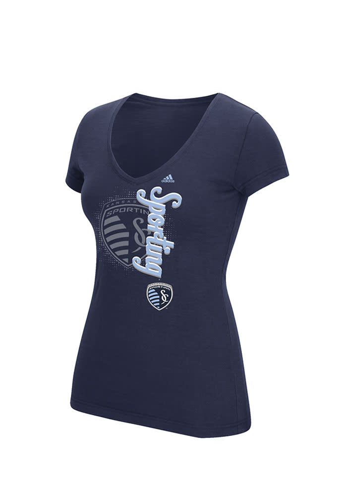 Adidas Sporting Kansas City Womens Navy Blue Veritcal Shift V-Neck T-Shirt