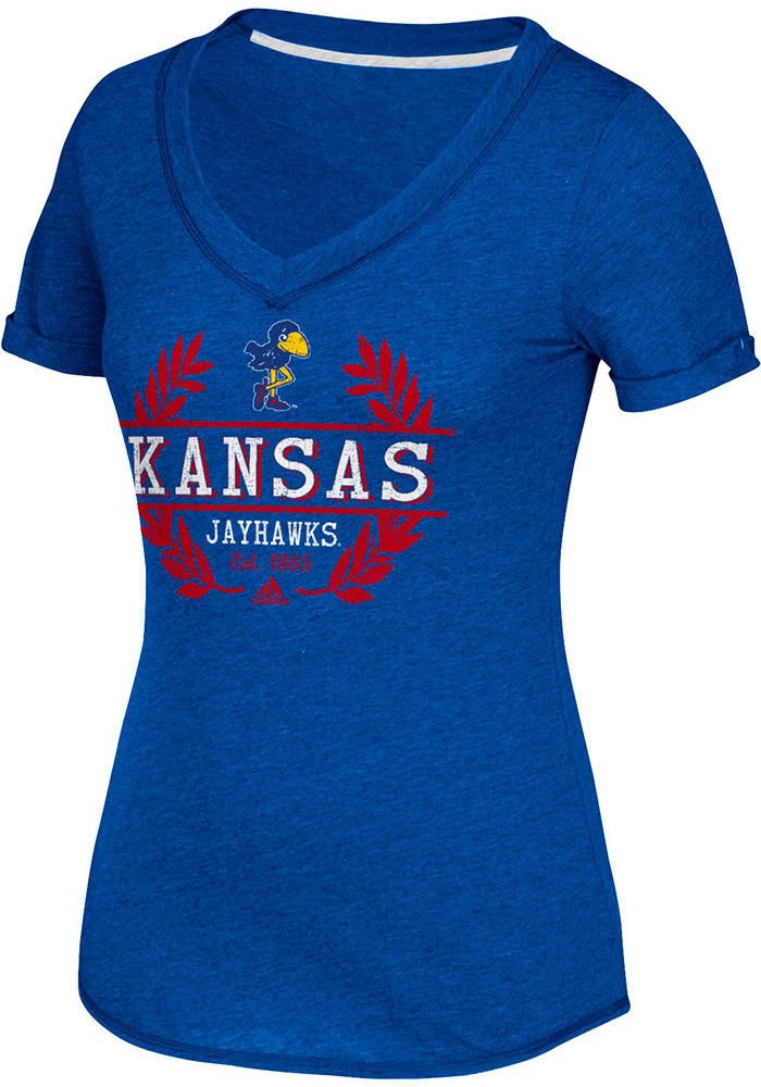Adidas Kansas Jayhawks Womens Blue Laurel Bar V-Neck T-Shirt