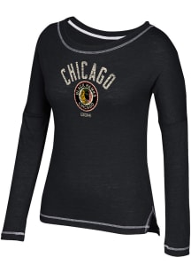 Adidas Chicago Blackhawks Womens Black CCM Paint Chip Arch Long Sleeve Scoop Neck