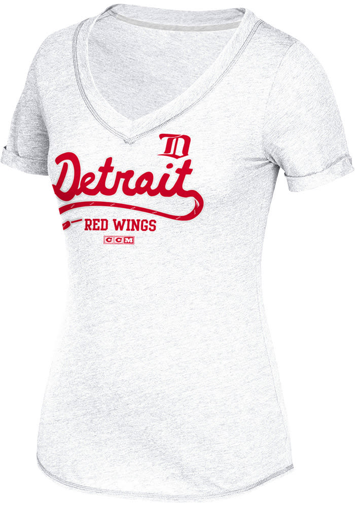 Adidas Detroit Red Wings Womens White CCM Skatelace Sweep V-Neck T-Shirt