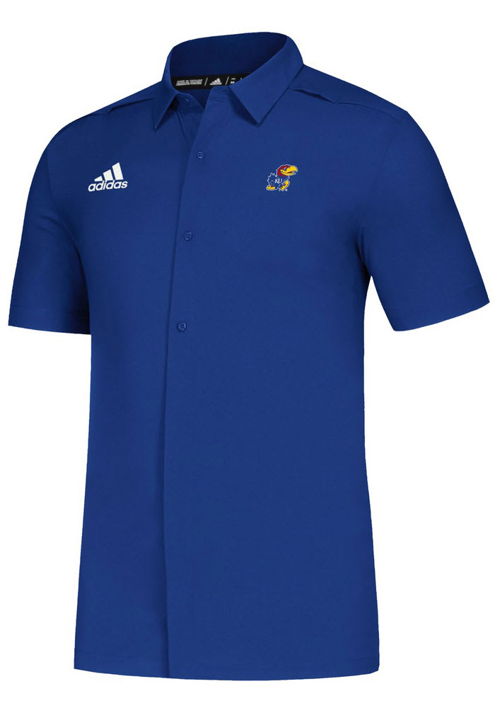 Adidas Kansas Jayhawks Mens Blue Game Mode Full Button Short Sleeve Dress Shirt