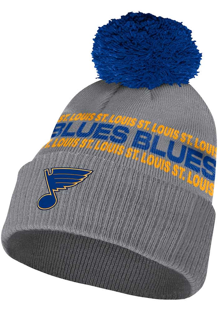 Adidas St Louis Blues Grey Crown Name Cuff Pom Mens Knit Hat