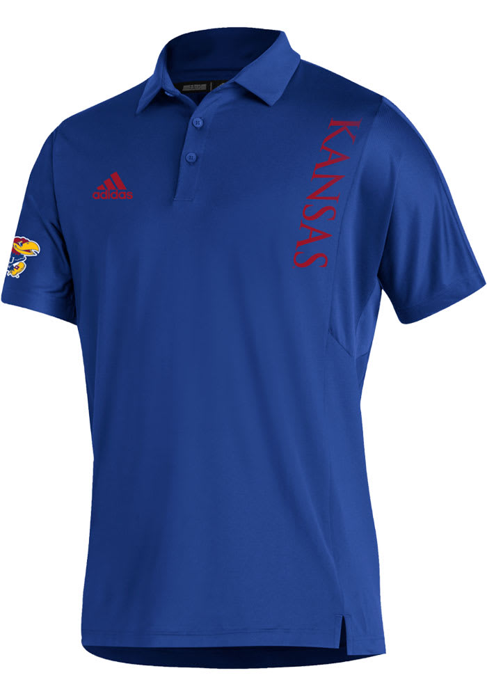 Adidas Kansas Jayhawks Mens Blue Sideline Coordinator Short Sleeve Polo