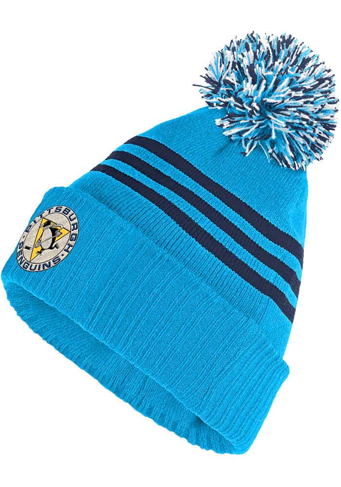 Adidas Pittsburgh Penguins Light Blue Three Stripe Retro Cuff Pom Mens Knit Hat