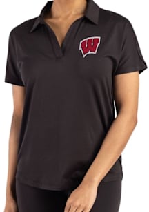 Womens Wisconsin Badgers Black Cutter and Buck Coastline Short Sleeve Polo Shirt