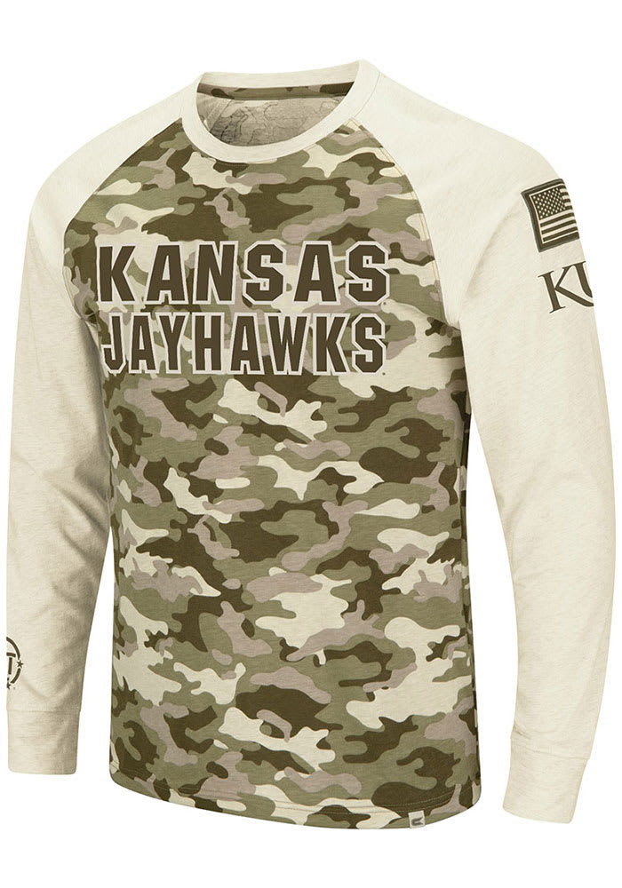 Colosseum Kansas Jayhawks Grey Operation Hat Trick Camo Raglan Long Sleeve T Shirt
