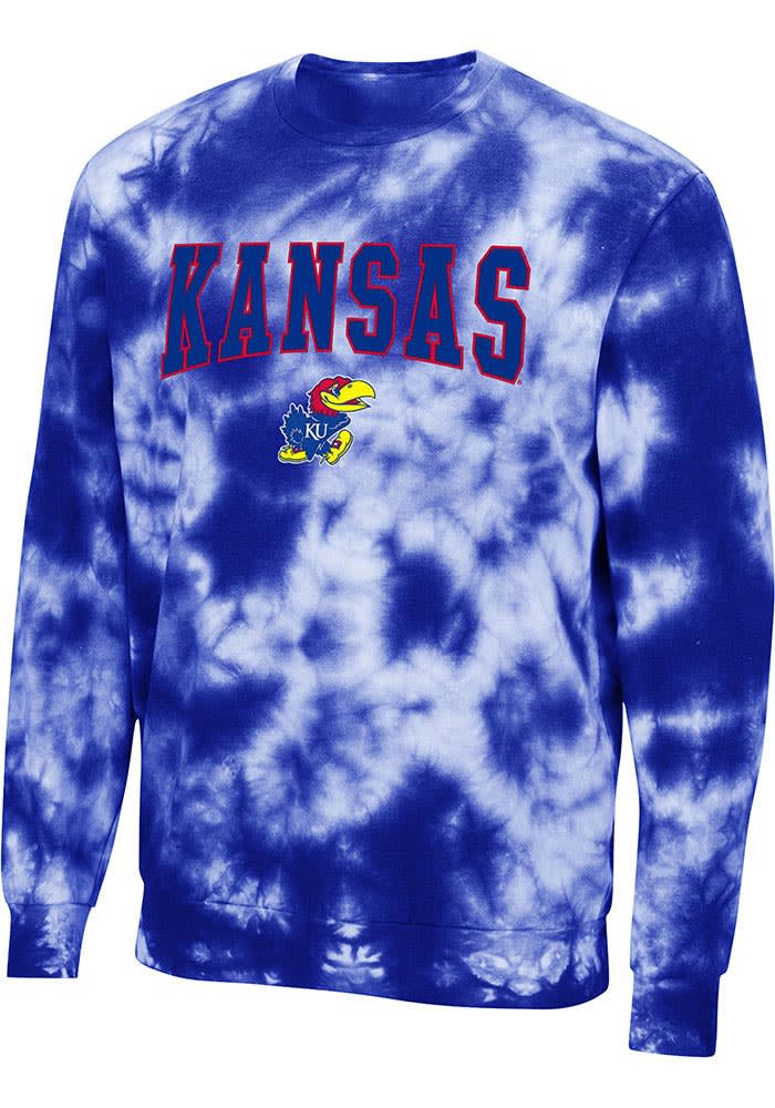 Colosseum Kansas Jayhawks Mens Blue Wooderson Tie Dye Long Sleeve Crew Sweatshirt
