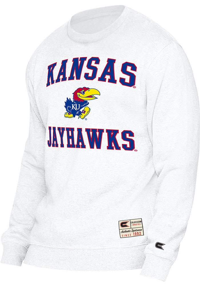Colosseum Kansas Jayhawks Mens White Authentic Number One Long Sleeve Crew Sweatshirt