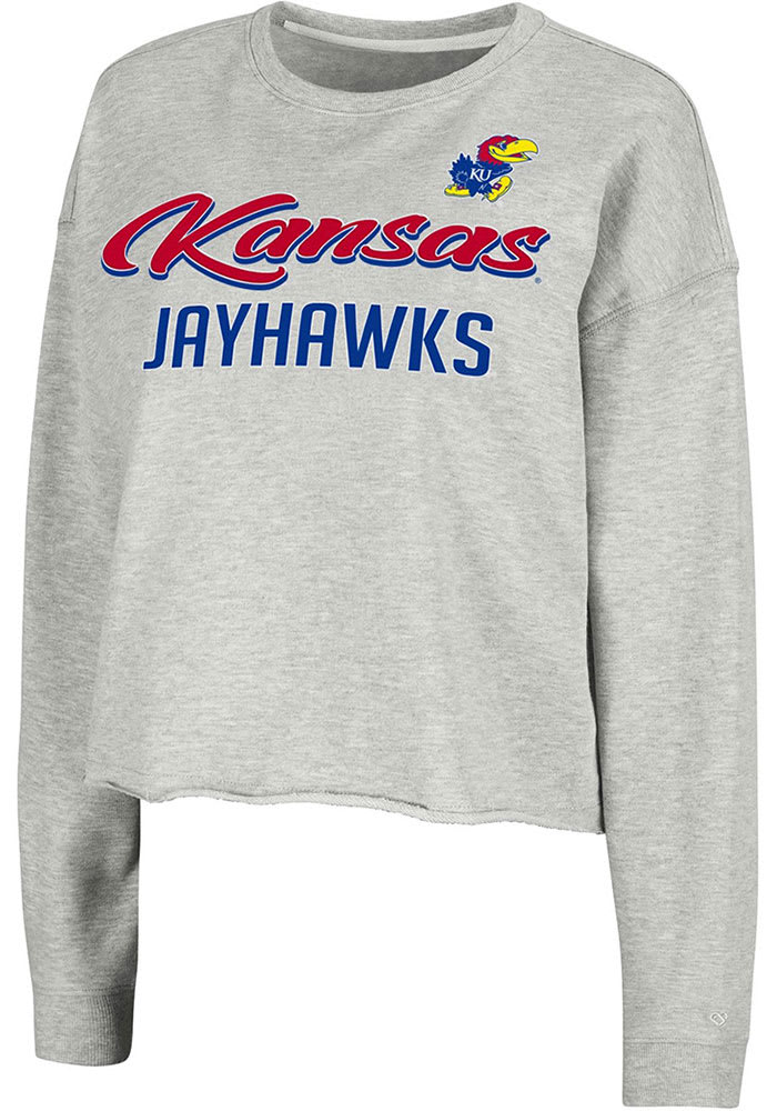 Colosseum Kansas Jayhawks Womens Grey Treehouse Cropped Crew Sweatshirt