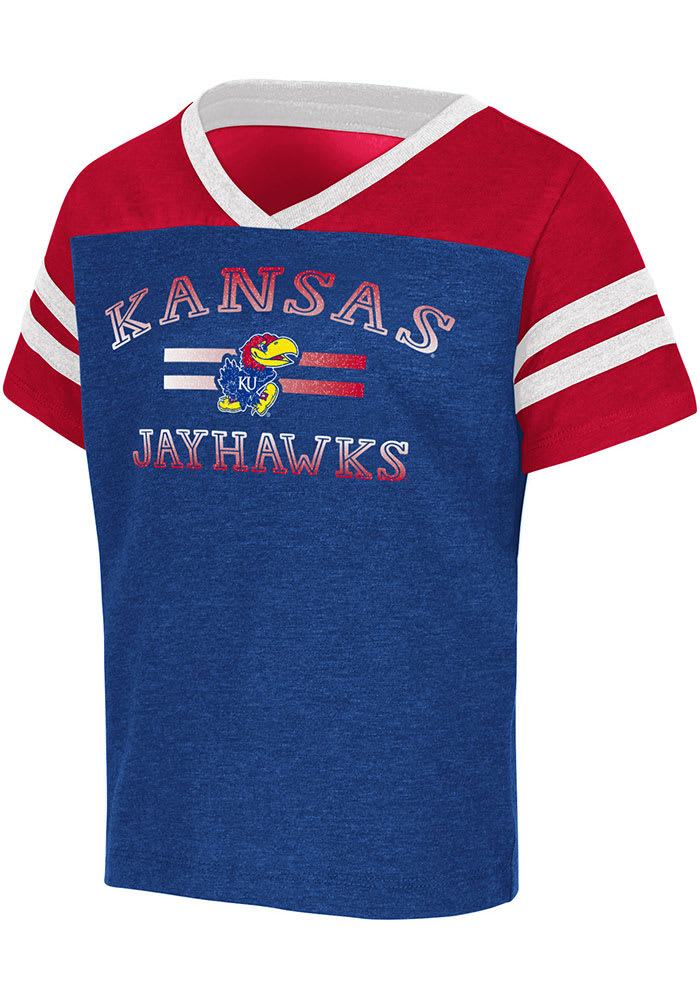 Colosseum Kansas Jayhawks Toddler Girls Blue Tidal Football Short Sleeve T-Shirt