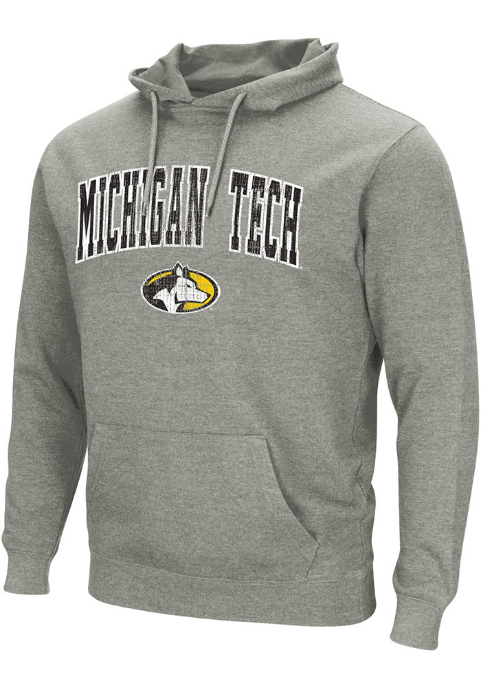 Colosseum Michigan Tech Huskies Mens Grey Arch Mascot Long Sleeve Hoodie