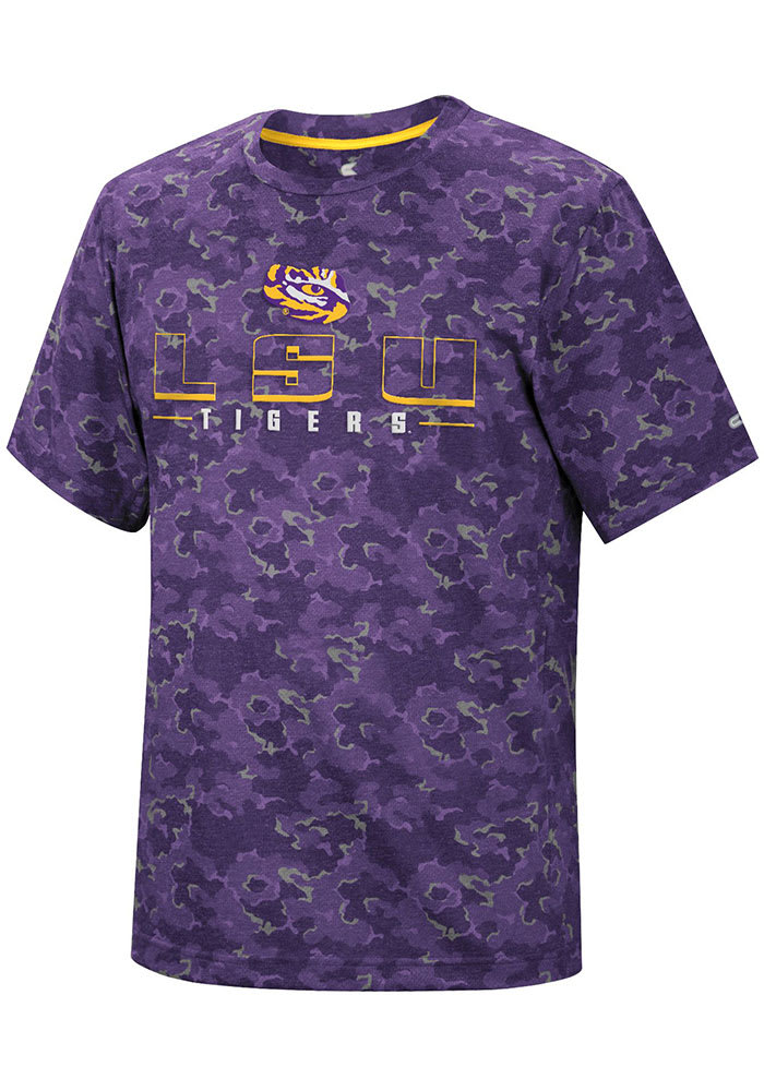 Colosseum LSU Tigers Purple Pyrotechnics Camo Short Sleeve T Shirt