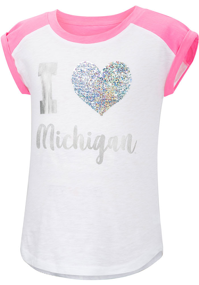 Colosseum Michigan Wolverines Girls White Patty Cake Sequin Short Sleeve Fashion T-Shirt