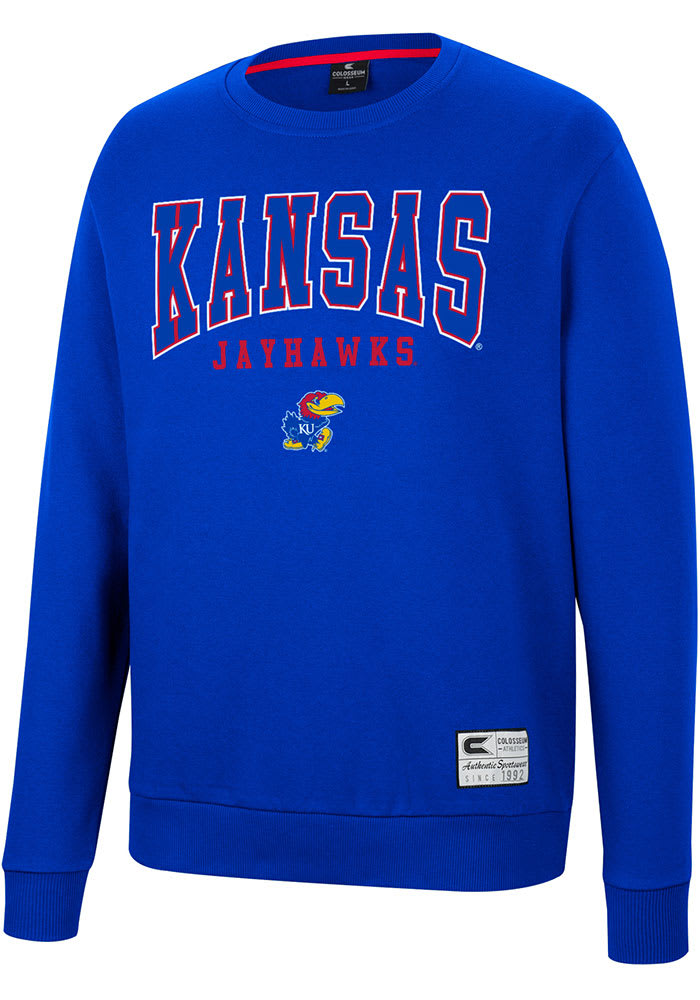 Men's Colosseum White Kansas Jayhawks Arch & Logo Crew Neck Sweatshirt