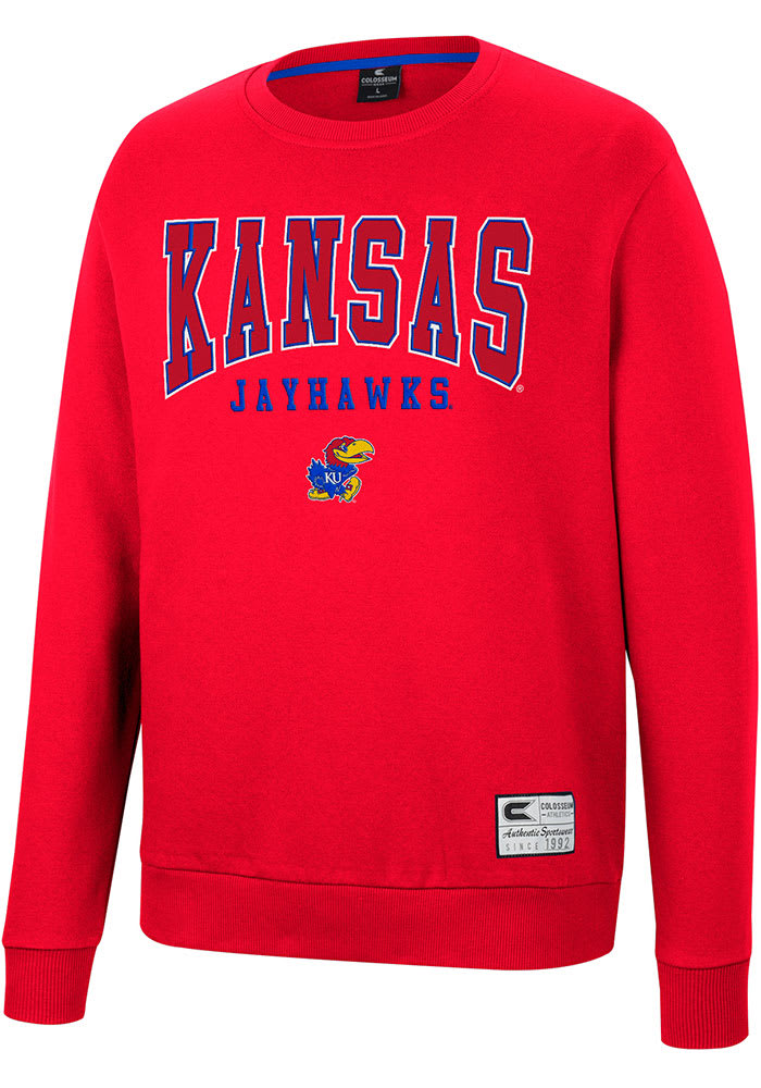 Colosseum Kansas Jayhawks Mens Red Scholarship Fleece Long Sleeve Crew Sweatshirt