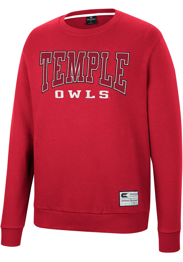 Colosseum Temple Owls Mens Red Scholarship Fleece Long Sleeve Crew Sweatshirt